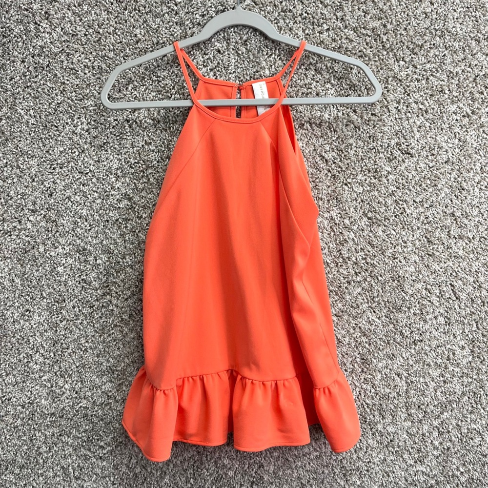 Amanda Uprichard Tank Top Women's Small Orange Ruffle Hem High Neck Halter Cami